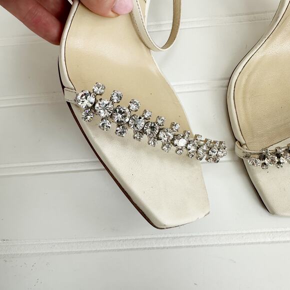 Jimmy Choo Meira 85 Heeled Sandals Off-White Latte Crystal Rhinestone Heels 38.5 - Picture 9 of 13